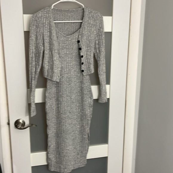 Women's Petite 2 Piece Set Rib Knit Split Thigh Cami Dress with Button Front Top - Picture 8 of 15